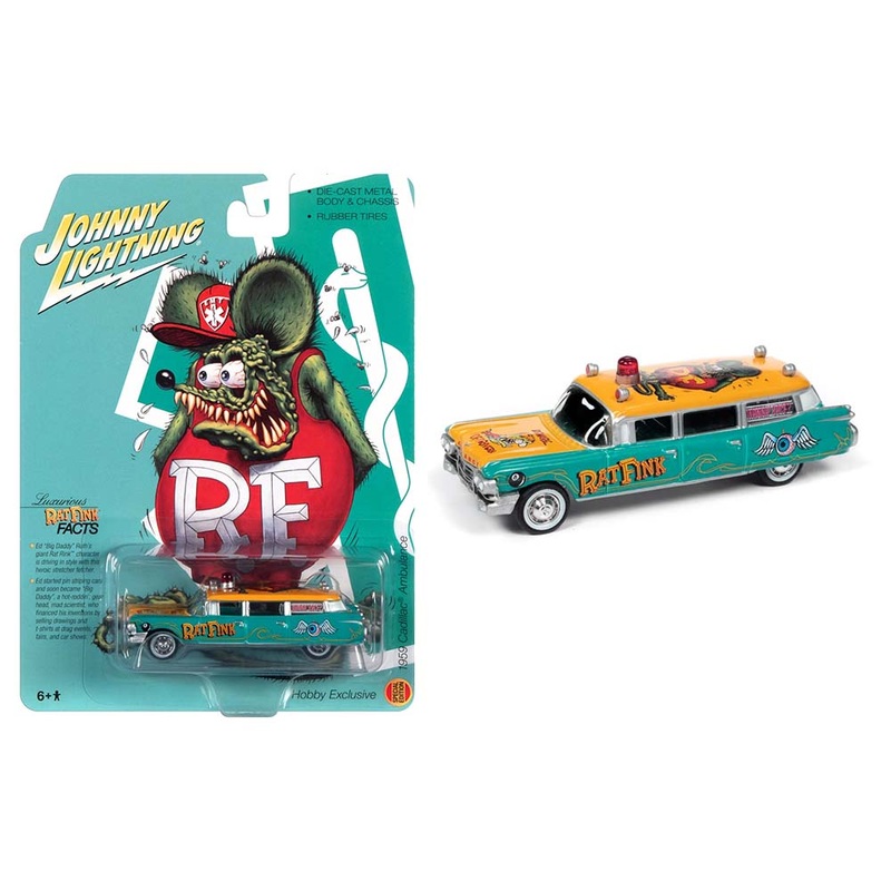 Johnny Lightning 1:64 1959 Cadillac Hearse Ambulance Rat Fink Special Edition Green/Yellow