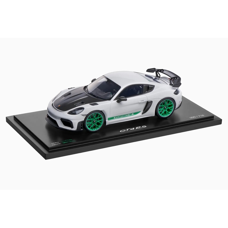 Spark-Model 2021 Porsche 718 Cayman GT4 RS (982) w/ Weissach Package White w/ Green Wheels WITH DISPLAY 1:18