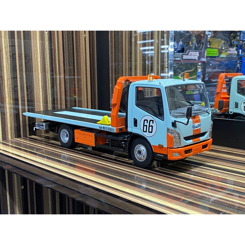 1/18 Diecast Miniature Flat Bed Tow Truck Gulf Blue DBGT Model