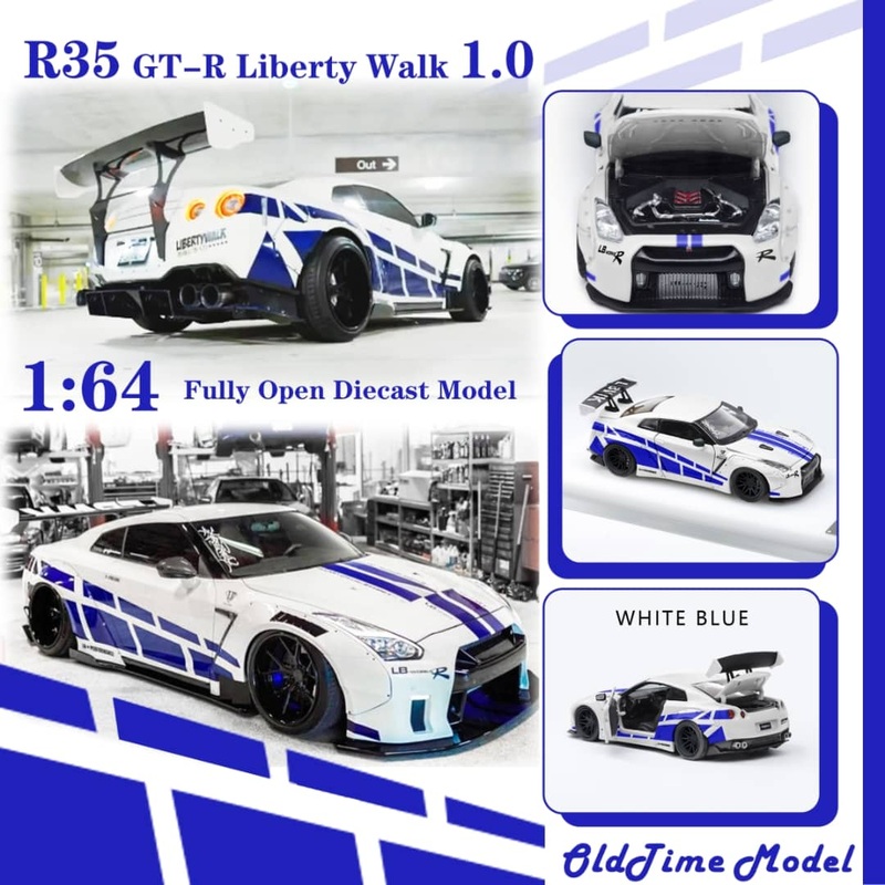 Old Time Model 1/64 GT-R R35 LibertyWalk 1.0 Modified - The Fast & Furious White with Blue Stripe Livery