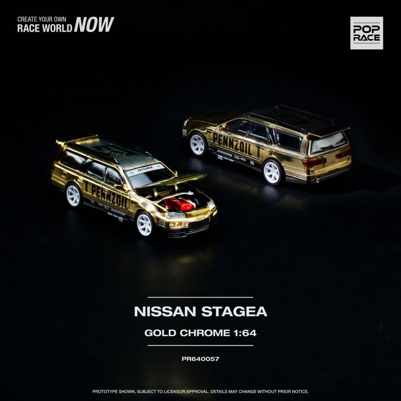 Pop Race 1/64 Stagea WC34 260RS Open-Hood, Visible EngineChrome Gold