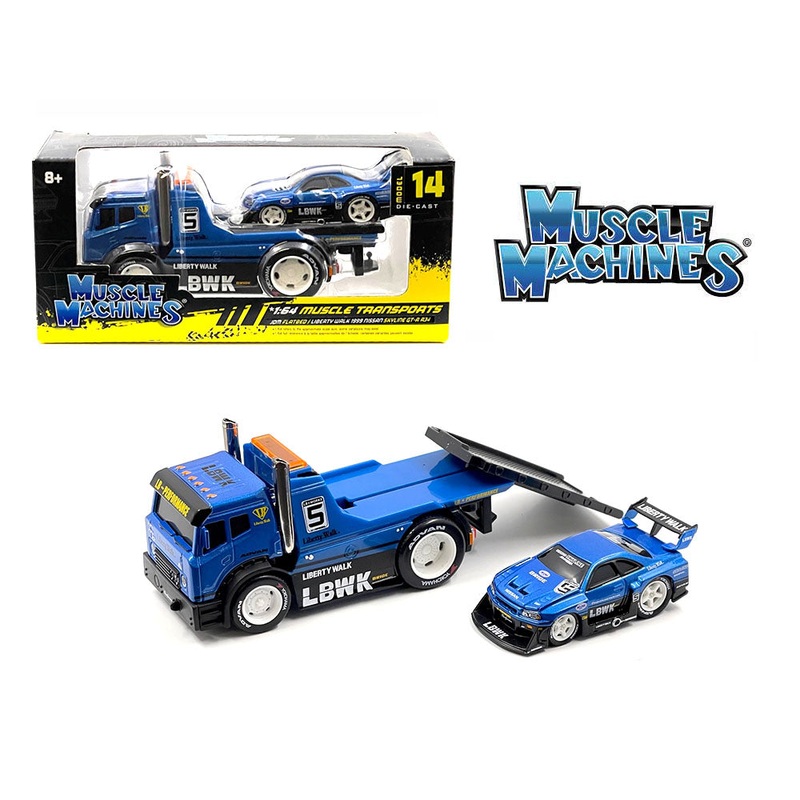 Muscle Machines 1/64 JDM Flatbed Truck with Liberty Walk 1999 Nissan Skyline GT-R R34  Blue  Transport