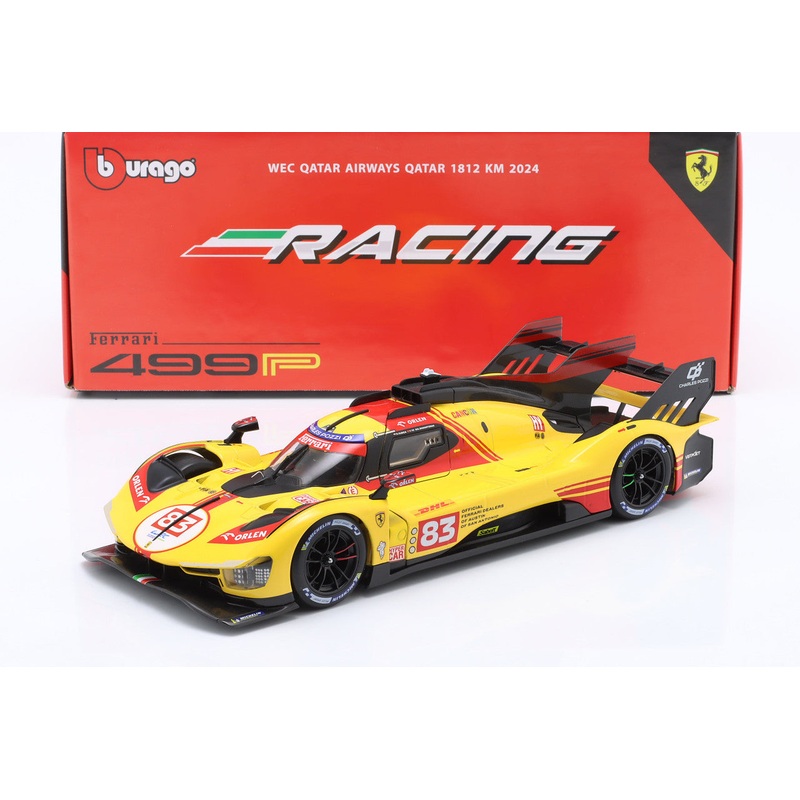 Bburago Ferrari 499P 3.0L Turbo V6 No 83 Team Ferrari AF Corse 4th WEC Qatar 2024 - Yellow 1:18