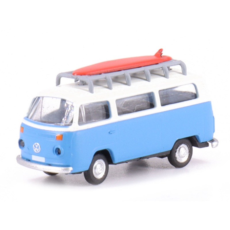 VW T2 Bus with surfboard, blue/white