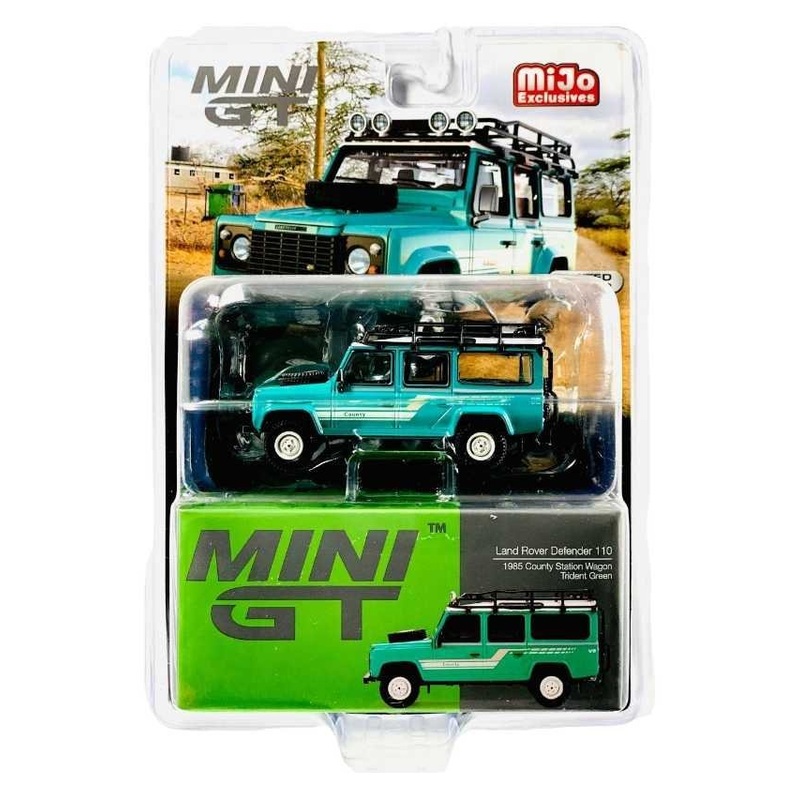 Mini GT land rover defender 110 1985 County station wagon trident green