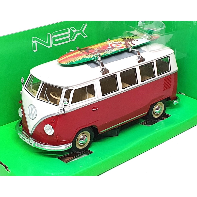 Welly Nex 1/24 Scale W1962R - 1962 VW Classical Bus + Surfboard - White/Dk. Red