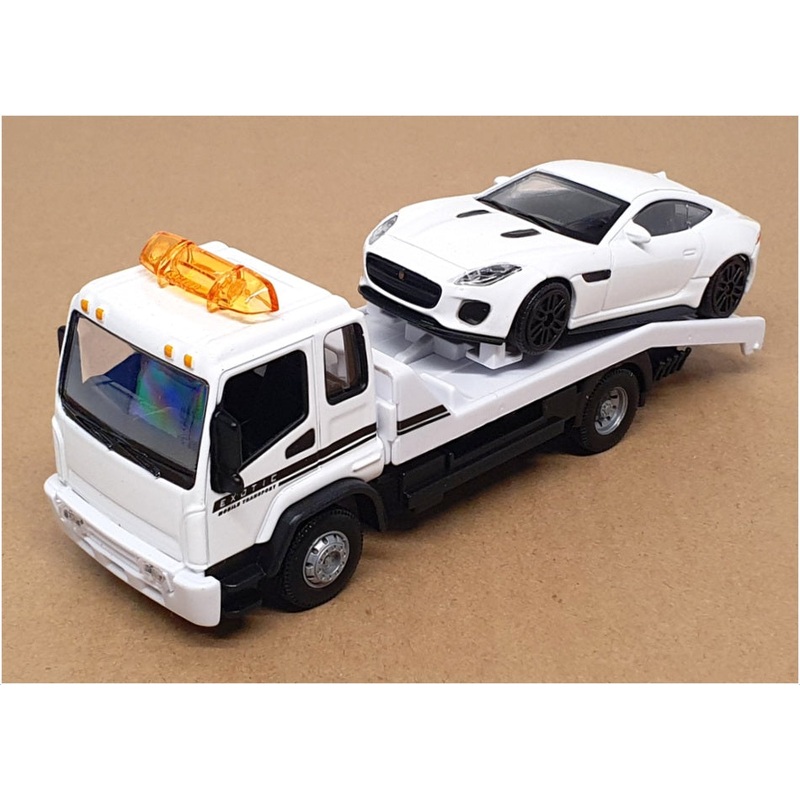 Burago 1/43 Scale 18-31419 - Flatbed Tow Truck & Jaguar F-Type - White