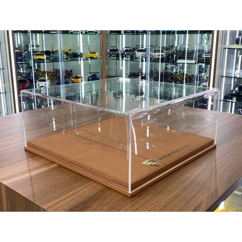 1/18 Acrylic Display Case with Brown Leather Base [ Porsche Logo Custom Print]