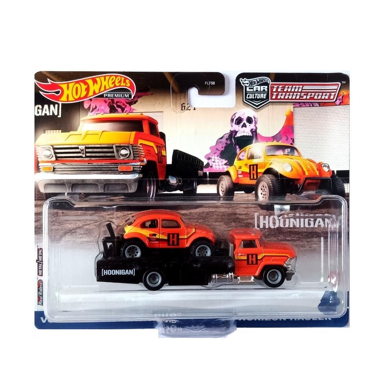 EXCLUSIVES Hot Wheels Premium Team Transport Volkswagen Baja Bug & Horizon Hauler - Orange / Black (Blister damage)