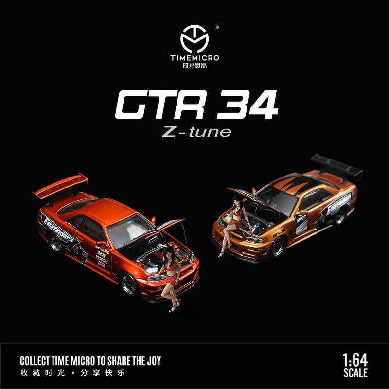 Time Micro 1/64 Skyline GT-R R34 Nismo Z-Tune (Open-Hood, Visible Engine)