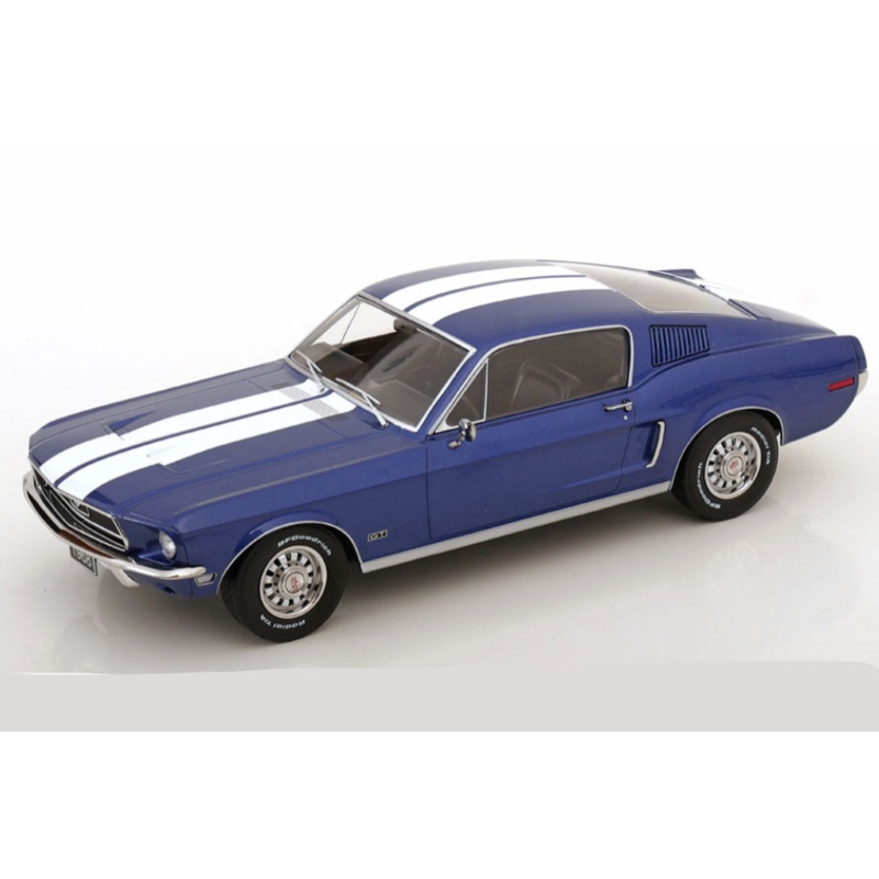 KK Scale 1968 Ford Mustang GT Fastback Blue w/ White Stripes 1:18
