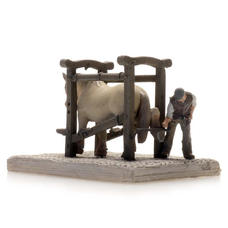 Shoeing stand, horse and blacksmith