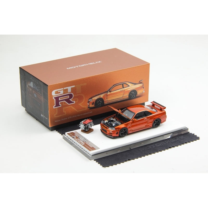 Motorhelix 1/64 Nissan Skyline GT-R, R34 Nismo Z-Tune Sunset Orange