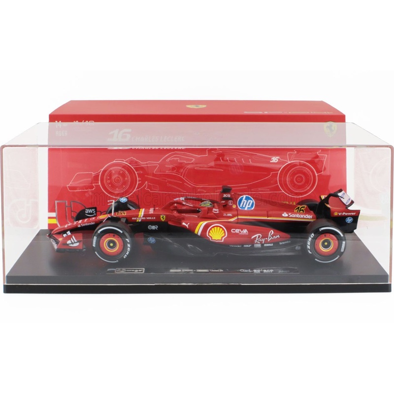 Bburago Ferrari F1 SF-24 Team Scuderia No 16 Winner Italy Monza GP (LeClerc) 2024 Red 1:18 WITH DISPLAY