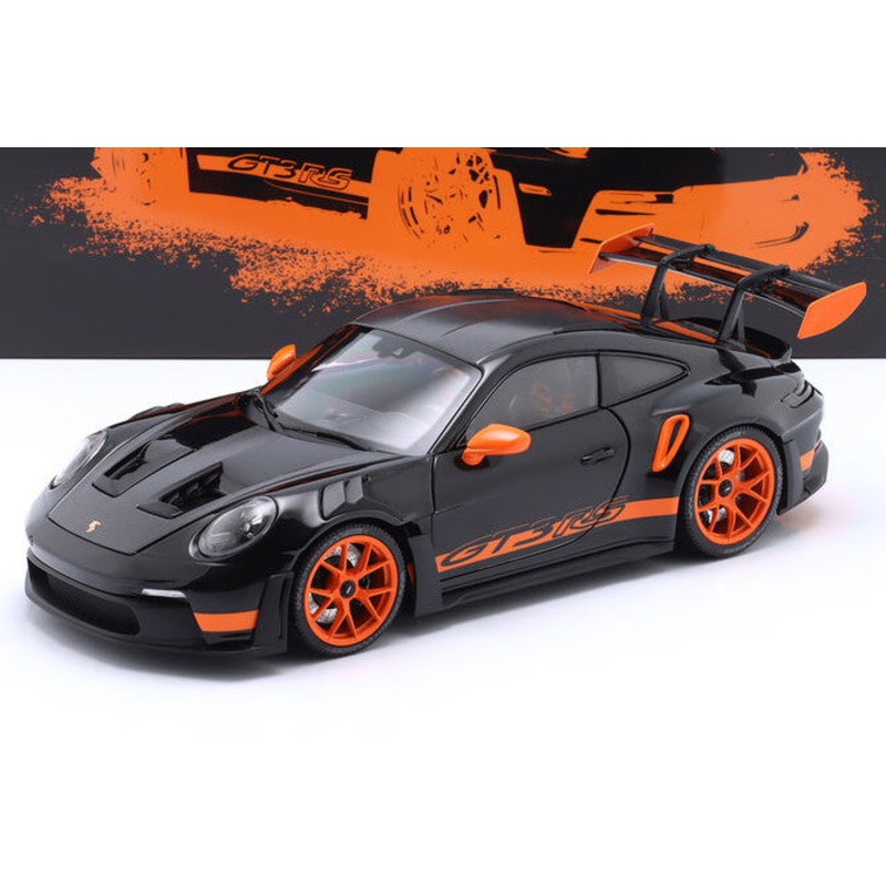 Minichamps 2022 Porsche 911 992 GT3 RS Weissach Pkg Black w/ Orange Wheels & Deco 1:18 LIMITED
