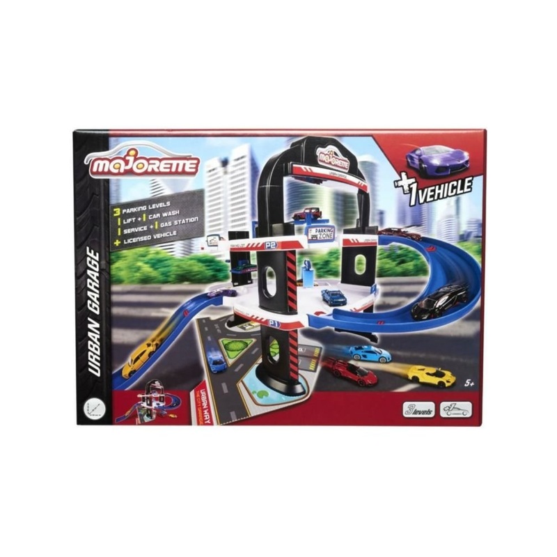 Majorette Urban Garage with Lift, Car Wash, Garage and Petrol Station, 5 Die Cast Vehicle with Rotating Wheels for Children
