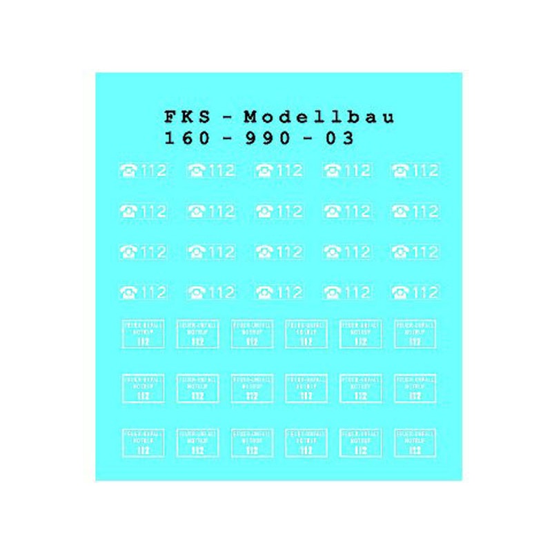 Decal sheet inscription fire accident emergency call 112 white