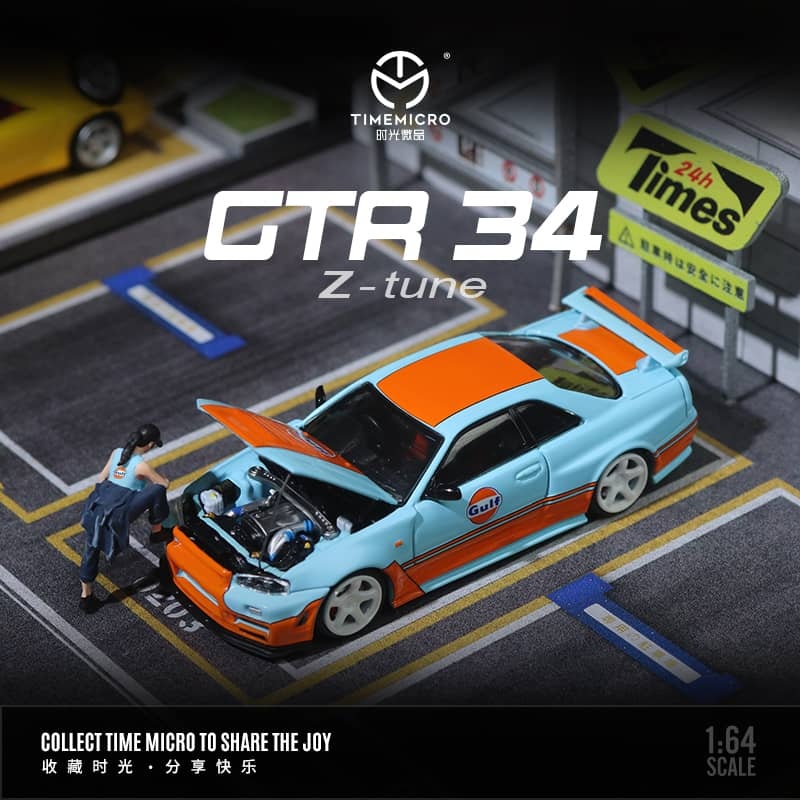 Time Micro 1/64 Skyline GT-R R34 Nismo Z-Tune - Gulf  (Open-Hood, Visible Engine)