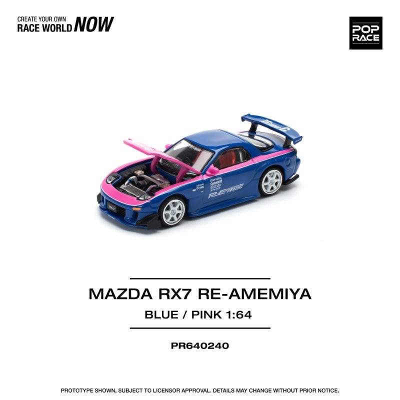 [ETA:  Oct 2025 ] Pop Race 1/64 RX-7 Mk3 FD3S RE Amemiya Modified Blue-Pink(Open-Hood, Visible Engine)