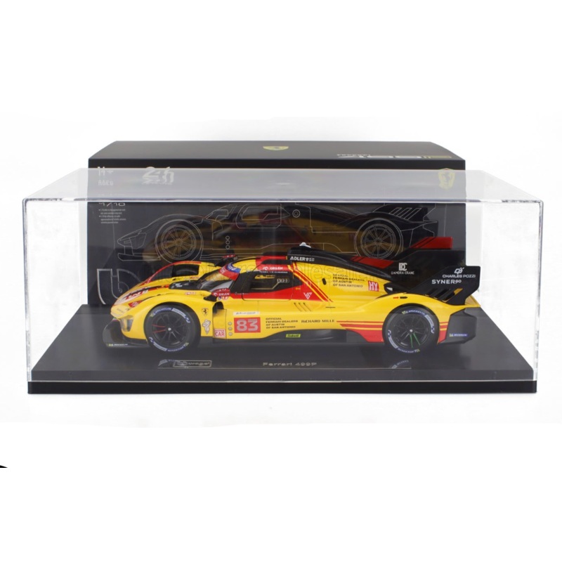 Bburago Ferrari 499P 3.0L Turbo V6 No 83 Team Ferrari AF Corse 2024 24hr Le Mans - Yellow 1:18 WITH DISPLAY