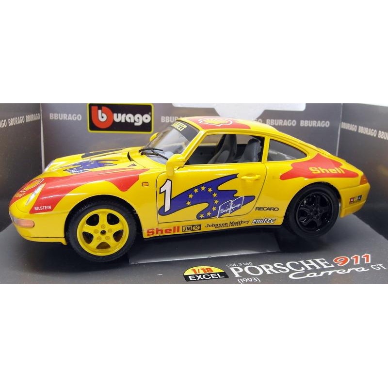 Burago 1/18 Scale Diecast 3360 Porsche 911 Carrera GT 1993 #1 Yellow