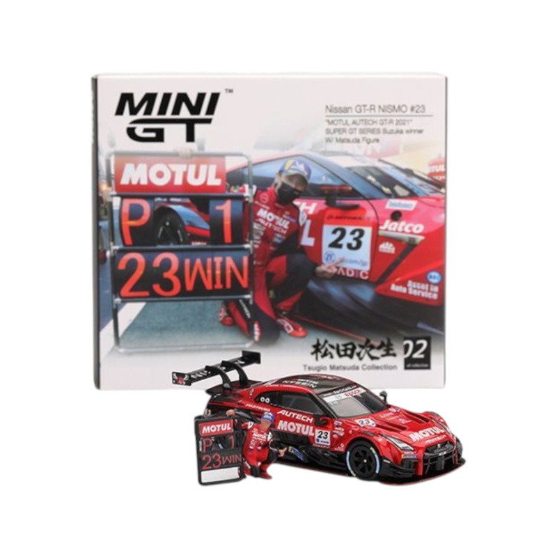 Mini GT Nissan GT-R Nismo #23 (Motul Autech GT-R 2021 Super GT Series Suzuka Winner W/ Matsuda Figure) 1:64 Scale