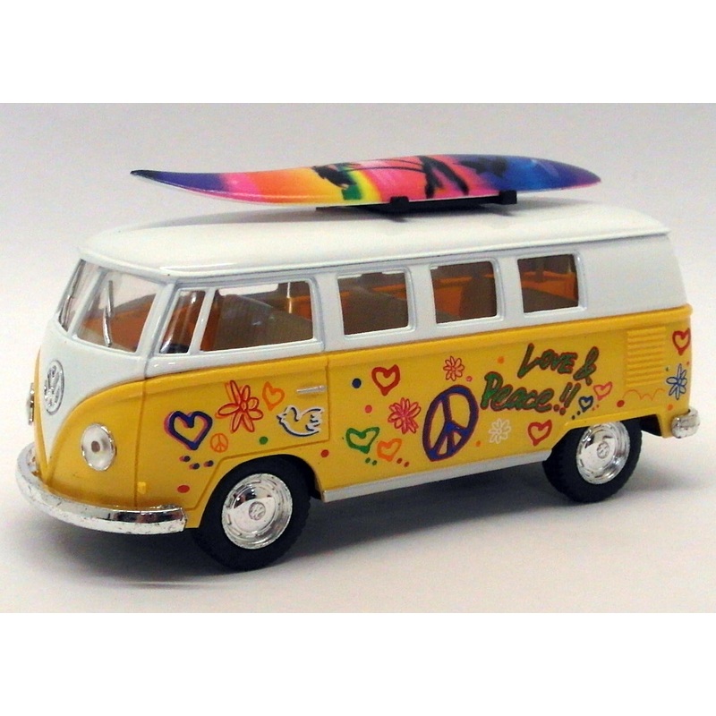 1962 VW Camper w/ Surfboard - Yellow - Kinsmart Pull Back & Go Metal Model Car