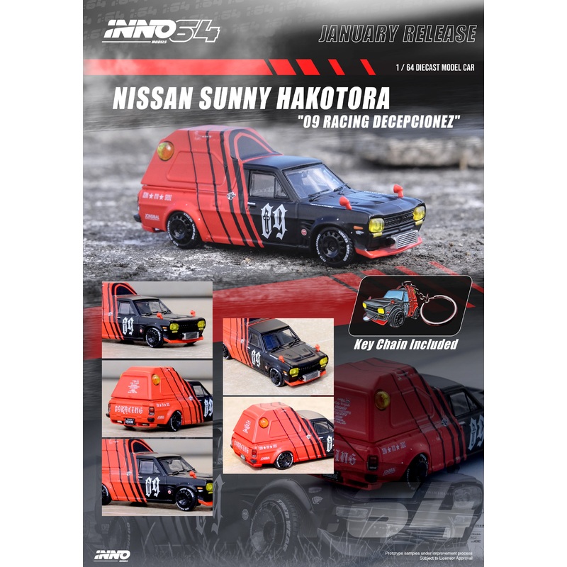 Inno64 1/64 NISSAN SUNNY HAKOTORA 09 RACING DECEPCIONEZ Special Packaging and Key Chain gift included