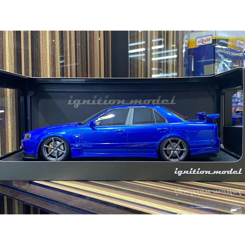 1/18 Diecast Nissan Skyline GT-R R34 4Doors Blue Ignition model Miniature Car