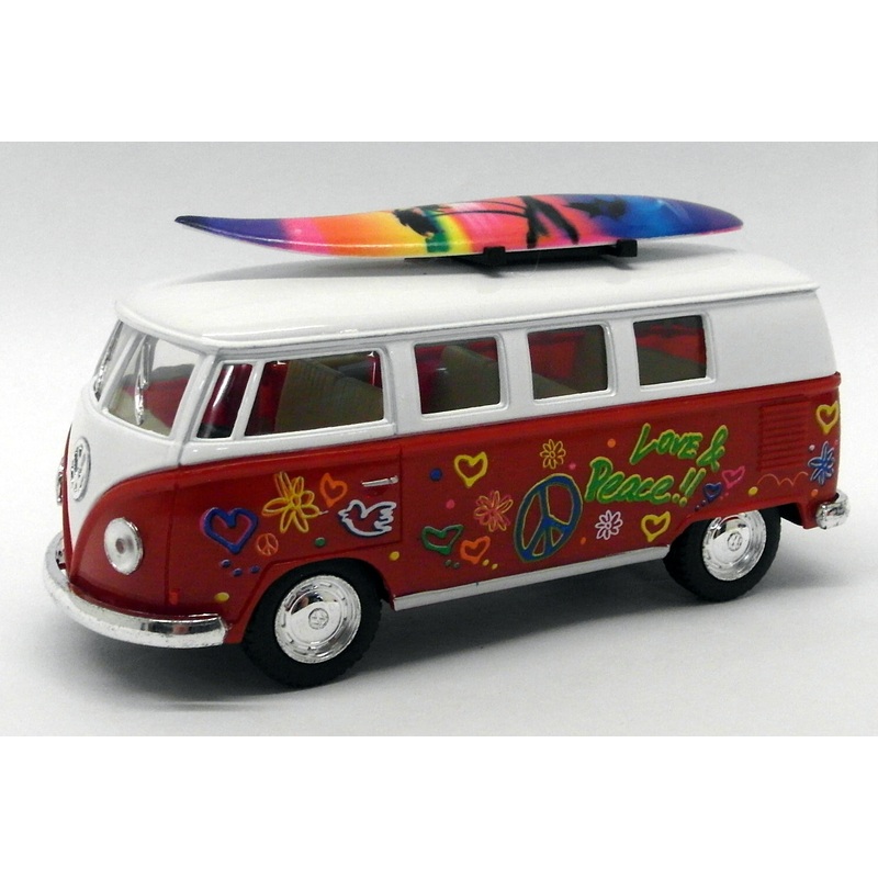 1962 VW Camper w/ Surfboard - Red - Kinsmart Pull Back & Go Metal Model Car