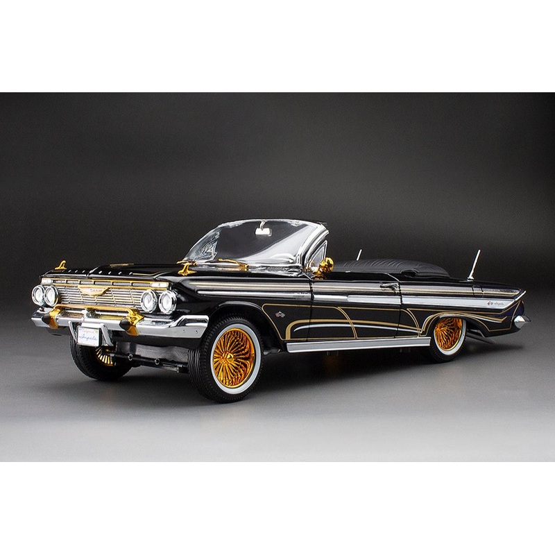 Sun-Star 1961 Chevy Impala Open Convertible Lowrider w Movable Suspension Black w/ Gold Wheels 1:18